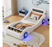 Lexiou Letto imbottito, 90 x 200 cm, letto singolo, letto per bambini, letto per ragazzi, letto imbottito a forma di auto con ruote luminose e spazio di archiviazione, PU, senza materasso (bianco)