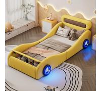 Lexiou Letto imbottito, 90 x 200 cm, letto singolo, letto per bambini, letto per ragazzi, letto imbottito a forma di auto con ruote luminose e spazio di archiviazione, PU, senza materasso (giallo)