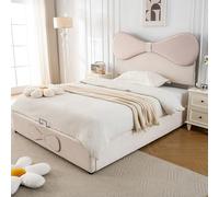 Lexiou Letto imbottito idraulico, matrimoniale, testiera regolabile, papillon, testiera imbottita, letto con rete a doghe in metallo, struttura moderna con vano portaoggetti, velluto, beige+rosa, 140