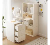 Lexiou Scrivania angolare con libreria 117 × 63 × 135 cm, scrivania con 4 ripiani e 3 cassetti estraibili, bianco (senza specchio da trucco)