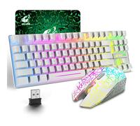 LexonElec T87 Set Tastiera e Mouse Wireless, Backlit LED Arcobaleno-Bianco | Tastiere da Gioco 87 Tasti con Sensazione Meccanica Mouse Silenziosi,Batteria Ricaricabile 3800mAh,per PC/Mac/Giochi/Ufficio