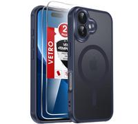 LeYi Cover Magnetica per iPhone 16 con 2 Pezzi Vetro Temperato, Custodia per iPhone 16 6,1 Pollici Traslucida Opaca Anti-Impronte Resistente ai Graffi Paraurti in TPU Antiurto Protettiva Case， Blu