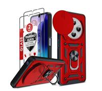 LeYi Cover per Redmi 14 C 4G con Vetro Temperato [2 Pack], Custodia per Xiaomi Redmi 14 C con Protezione Fotocamera [Slidable] Antiurto Militare Anello Supporto TPU Bumper Anti-Graffio Case, Rossa