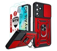 LeYi Cover per Samsung A 16 con Vetro Temperato, Custodia per Samsung Galaxy A16 5G/4G con Protezione Fotocamera [Slidable] Antiurto Militare Anello Supporto TPU Bumper Anti-Graffio Case, Rossa