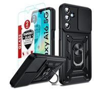 LeYi Cover per Samsung A16 5G/4G con Vetro Temperato [2 Pack], Custodia con Protezione Fotocamera [Slidable] Anti-Graffio Militare Anello Supporto TPU Bumper Antiurto Case per Samsung Galaxy A 16 Nero