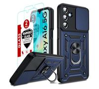 LeYi Cover per Samsung A16 Galaxy con Vetro Temperato, Custodia con Protezione Fotocamera [Slidable] Antiurto Militare 360° Anello Supporto TPU Bumper Anti-Graffio Case per Samsung A 16 5G, Blu