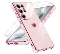 LeYi Cover per Samsung Galaxy S25 Ultra 5G Custodia con Vetro Temperato [2 Pack], Amore Cuore Paraurti Morbido TPU Sottile Case con Protezione Fotocamera Antiurto per Samsung S25 Ultra Cover, Rosa