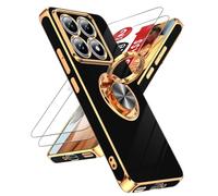 LeYi Cover per Xiaomi 14T Pro 5G con 2 Vetro Temperato, 360°Anello Supporto Custodia Morbido TPU Sottile Donne Case per Xiaomi 14T Pro Protezione Fotocamera, Dorata Placcatura Cornice Paraurti Nero