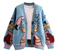 Leyoutx Womens Cute Embroidery Cartoon Duck Cable Knit Cardigans Sweater Button Down Slouchy Wool Blend Coat (Medium, Blue)