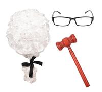 Lezevn Parrucca da giudice, martelletti e occhiali, 3 pezzi, parrucca per avvocato di corte, mini giocattolo in legno, accessorio per costumi di Halloween