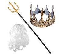Lezevn Set di 3 accessori per costume da re Nettuno, Tridente dorato, corona da re, parrucca bianca per uomo per Halloween Dress Up