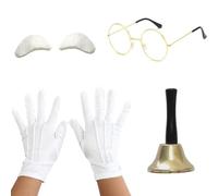 Lezevn Set di 4 pezzi per costume da Babbo Natale, colore bianco, sopracciglio, occhiali rotondi, campana, Natale, cosplay, travestimento