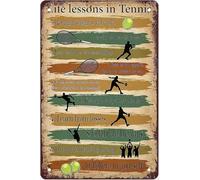 Lezioni di vita nel tennis, cartello in metallo vintage, decorazione da club, 10 consigli per giocatori di tennis, poster, decorazione da parete per la casa, cartello in metallo, 8x12 pollici