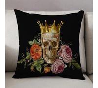 LEZUAHSH Federe per Cuscini,Cuscini Divano Fodera per Cuscino Camera da Letto Decorazione per Interni 50x50cm Cuscino,Ricamo corona dorata teschio e rose rosse. Arte del giorno della morte del