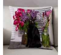 LEZUAHSH Federe per Cuscini,Cuscini Divano Fodera per Cuscino Camera da Letto Decorazione per Interni 50x50cm Cuscino,gatto nero alza la testa. sul davanzale della finestra sullo sfondo di fior