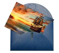 LFDSEPYM Biglietto di auguri vuoto con busta, carta perlata, biglietto per appunti con nave pirata al tramonto, biglietto regalo per compleanno, congratulazioni, matrimonio, tutte le occasioni