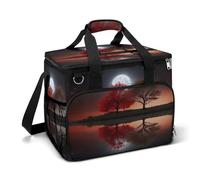 LFDSEPYM Borsa termica grande per il pranzo, con doppia cerniera, motivo: albero rosso, lago, luna, borsa termica per la spesa, riutilizzabile, per campeggio e spiaggia