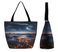 LFDSEPYM Borsa tote riutilizzabile borsa della spesa con cerniera astratta cubi viola donna shopping bag grande borsa per lavoro viaggio, Città Night View, Taglia unica