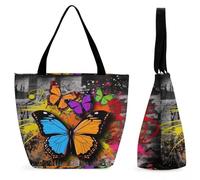 LFDSEPYM Borsa tote riutilizzabile borsa della spesa con cerniera carino volpe donna shopping bag grande borsa per lavoro viaggio, Farfalla Graffiti, Taglia unica