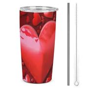 LFDSPYJE Bicchiere da 590 ml in acciaio inox, tazza da viaggio con cuori rossi, tazza da caffè isolata a doppia parete con coperchio con cannuccia, spazzola per la pulizia, bottiglia termica per auto