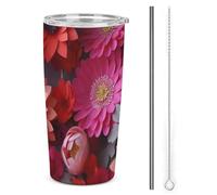 LFDSPYJE Bicchiere da 590 ml in acciaio inox, tazza da viaggio con fiori rossi, tazza da caffè a doppia parete sottovuoto con coperchio con paglia, spazzola per la pulizia, bottiglia termica per auto