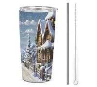 LFDSPYJE Bicchiere da 590 ml in acciaio inox, tazza da viaggio natalizia invernale con scena felice, bicchiere isolato, a doppia parete, tazza da caffè sottovuoto con coperchio con cannuccia, spazzola