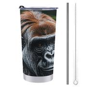 LFDSPYJE Bicchiere termico da 590 ml, con coperchio e cannuccia, in acciaio inox, tazza da viaggio con due gorilla che si abbracciano l'un l'altro, tazza da caffè a doppia parete, riutilizzabile, per