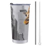 LFDSPYJE Bicchiere termico da 590 ml, con coperchio e cannuccia, in acciaio inox, tazza da viaggio con giraffa a New York, tazza da caffè a doppia parete, riutilizzabile, per donne e uomini