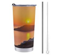 LFDSPYJE Bicchiere termico da 590 ml, con coperchio e cannuccia, in acciaio inox, tazza da viaggio in Grecia, isola, tramonto, paesaggio, tazza da caffè a doppia parete, riutilizzabile, per donne e