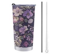 LFDSPYJE Bicchiere termico da 590 ml, con coperchio e cannuccia, tazza da viaggio in acciaio inox, con vignetta viola, tazza da caffè a doppia parete, riutilizzabile, per donne e uomini