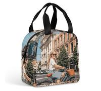 LFDSPYJE Borsa termica per il pranzo con scritta "Lady on A Bicycle in the Street", borsa termica per donne e uomini, riutilizzabile, a prova di perdite, per adulti, grande, per la preparazione dei