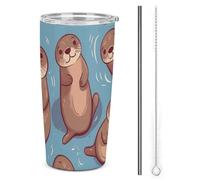 LFDSPYJE Tazza da viaggio in acciaio inox da 590 ml con animali carini marroni lontre isolate a doppia parete tazza da caffè sottovuoto con coperchio con cannuccia spazzola per la pulizia della