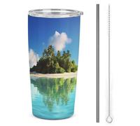 LFDSPYJE Tazza da viaggio in acciaio inox da 590 ml, con bellissima isola nel mare, tazza da caffè a doppia parete sottovuoto con coperchio in paglia, spazzola per la pulizia, bottiglia termica per