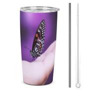 LFDSPYJE Tazza da viaggio in acciaio inox da 590 ml, con farfalla sul dito, isolante, a doppia parete, tazza da caffè sottovuoto con coperchio con cannuccia, spazzola per la pulizia, bottiglia termica