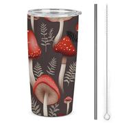LFDSPYJE Tazza da viaggio in acciaio inox da 590 ml, con funghi rossi, isolata, a doppia parete, con coperchio con cannuccia, spazzola per la pulizia, bottiglia termica per auto per casa e ufficio