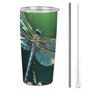 LFDSPYJE Tazza da viaggio in acciaio inox da 590 ml con libellula verde isolata a doppia parete tazza da caffè sottovuoto con coperchio con cannuccia spazzola per la pulizia dell'acqua termica per