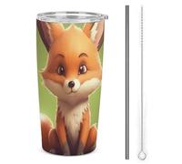 LFDSPYJE Tazza da viaggio in acciaio inox da 590 ml con simpatica piccola volpe isolata a doppia parete tazza da caffè sottovuoto con coperchio con cannuccia spazzola per la pulizia dell'acqua termica