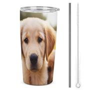LFDSPYJE Tazza da viaggio in acciaio inox da 590 ml, con simpatico cucciolo di Golden Retriever isolato, a doppia parete, tazza da caffè sottovuoto con coperchio con cannuccia, spazzola per la pulizia