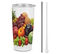 LFDSPYJE Tazza da viaggio in acciaio inox da 590 ml, varietà di verdure fresche e frutta, bicchiere isolato a doppia parete, tazza da caffè sottovuoto con coperchio con cannuccia, spazzola per la