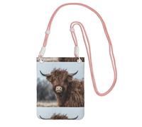 LfearTesa Piccola borsa a tracolla, porta cellulare, portamonete, borsa a tracolla, mucca delle Highlands, fauna selvatica scozzese,Rosa