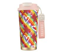 LfearTesa Tazza da viaggio ecologica in acciaio inossidabile 316, da parete, per ufficio, da viaggio, per auto, con cordino, motivo a cuore e stella colorati,Rosa