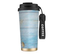 LfearTesa Tazza da viaggio ecologica in acciaio inossidabile 316, da parete, per ufficio, da viaggio, per auto, con cordino, motivo: stella marina, stile nautico vintage,Nero
