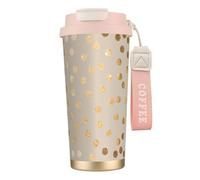 LfearTesa Tazza da viaggio ecologica in acciaio inossidabile 316, da parete, per ufficio, da viaggio, per auto, con cordino, pois beige e glitter oro,Rosa