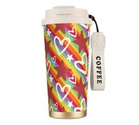 LfearTesa Tazza da viaggio ecologica in acciaio inossidabile 316, da parete, per ufficio, da viaggio, per auto, con cordino, motivo a cuore e stella colorati,Bianco