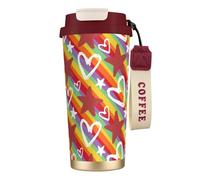 LfearTesa Tazza da viaggio ecologica in acciaio inossidabile 316, da parete, per ufficio, da viaggio, per auto, con cordino, motivo a cuore e stella colorati,Rosso