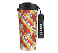 LfearTesa Tazza da viaggio ecologica in acciaio inossidabile 316, da parete, per ufficio, da viaggio, per auto, con cordino, motivo a cuore e stella colorati,Nero