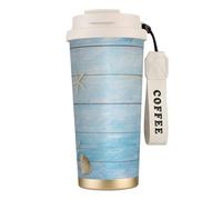 LfearTesa Tazza da viaggio ecologica in acciaio inossidabile 316, da parete, per ufficio, da viaggio, per auto, con cordino, motivo: stella marina, stile nautico vintage,Bianco