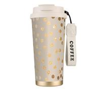 LfearTesa Tazza da viaggio ecologica in acciaio inossidabile 316, da parete, per ufficio, da viaggio, per auto, con cordino, pois beige e glitter oro,Bianco