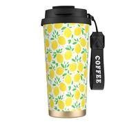 LfearTesa Tazza da viaggio ecologica in acciaio inossidabile 316, da ufficio, da parete, da viaggio, per auto, con cordino, motivo a foglia verde e limone giallo,Nero