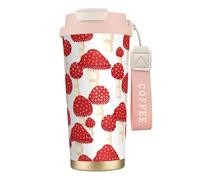 LfearTesa Tazza da viaggio ecologica in acciaio inossidabile 316, da ufficio, da parete, da viaggio, per auto, con cordino, motivo con funghi rossi agarico di mosca,Rosa